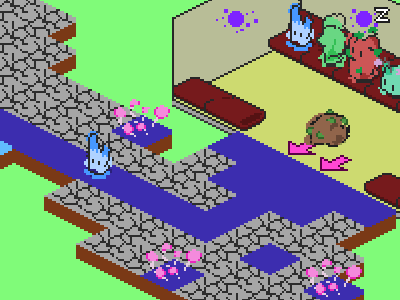 A train has arrived at a station, as colorful cube-people hustle.