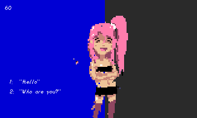 A lightly-clothed girl, with pink ponytail stands in front of a blue and black background.