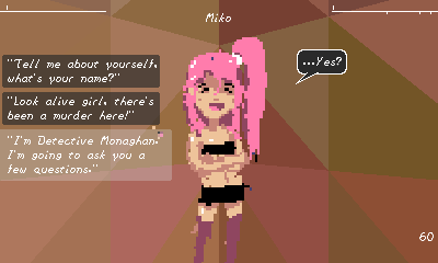 The same girl as before, standing in the corner of two walls, colored in triangles. The girl is saying &quot;...Yes?&quot;. On the left side, the player can choose a question to ask.