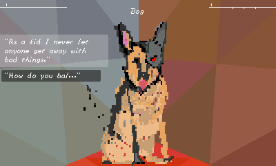 A cybernetically enhanced dog sitting in a corner of the elevator. The player has several options when talking to it, some of which are cut off, to save screen space.