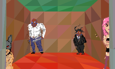 Elevator doors are open to an unusually large elevator. Each of the four characters are standing in their respective corner of the elevator.